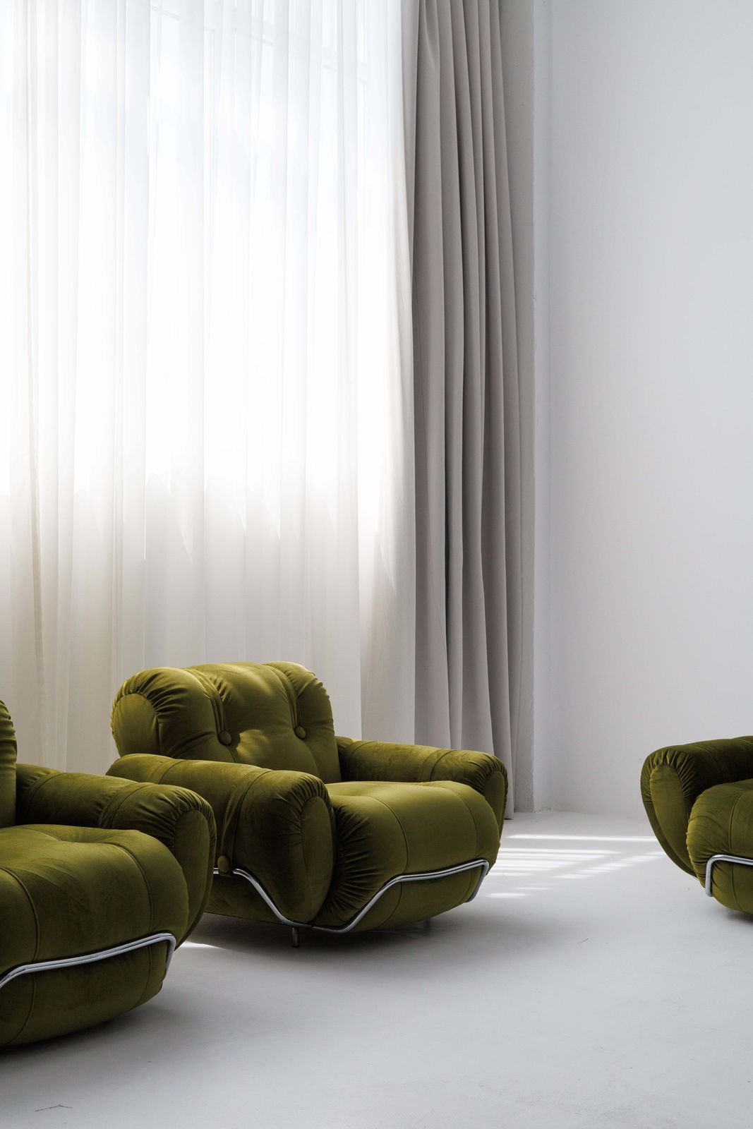 Three Seater Sofa And Armchairs Dining Set By Adriano Piazzesi, Reupholstered Olive Velvet photo Furniture