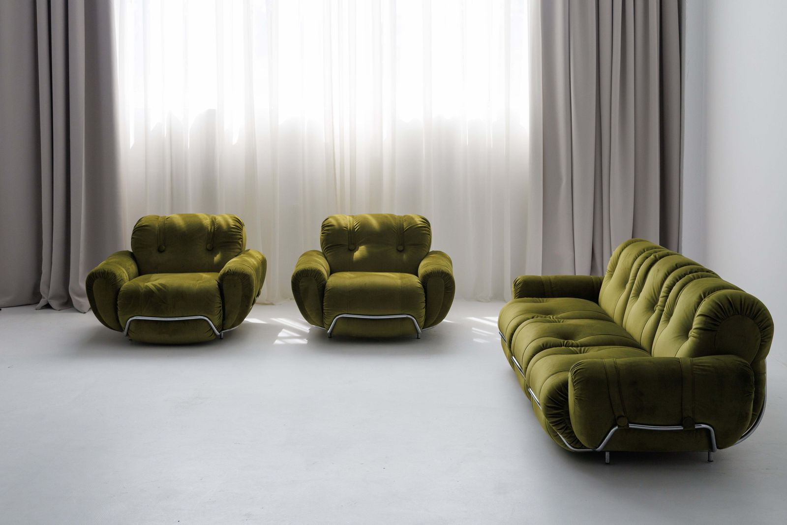 Three Seater Sofa And Armchairs Dining Set By Adriano Piazzesi, Reupholstered Olive Velvet photo 5214.0