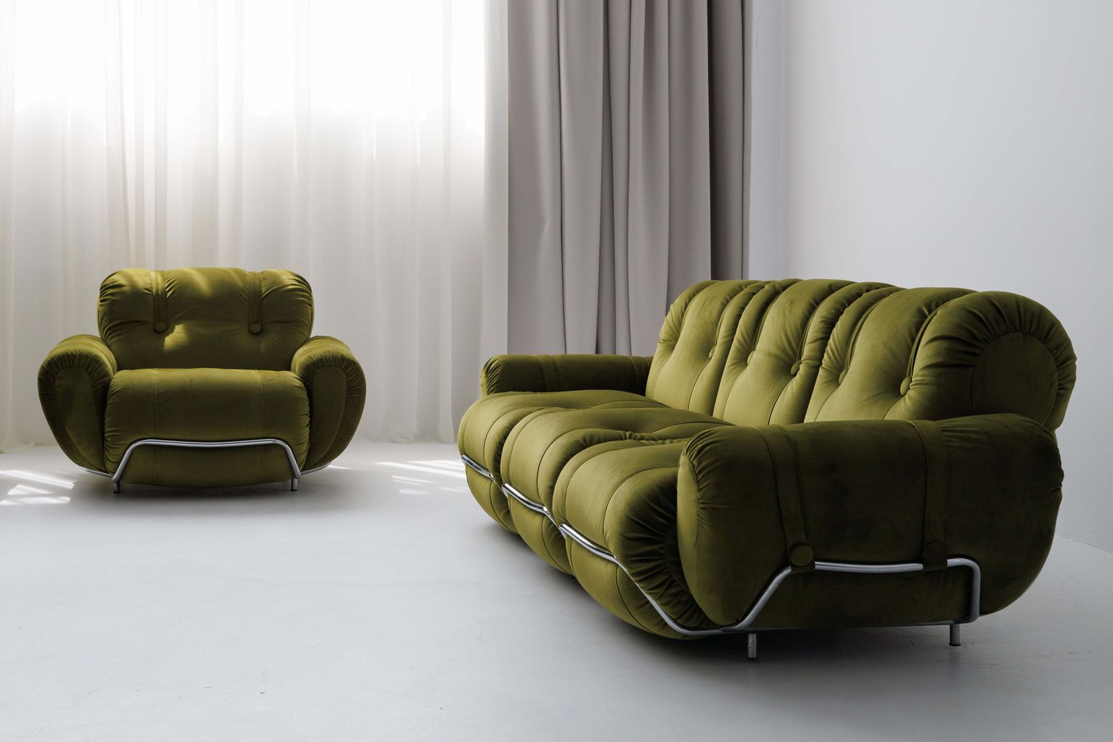 Three Seater Sofa And Armchairs Dining Set By Adriano Piazzesi, Reupholstered Olive Velvet photo vinterior