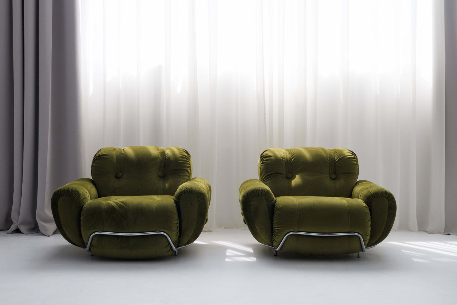Three Seater Sofa And Armchairs Dining Set By Adriano Piazzesi, Reupholstered Olive Velvet photo buy