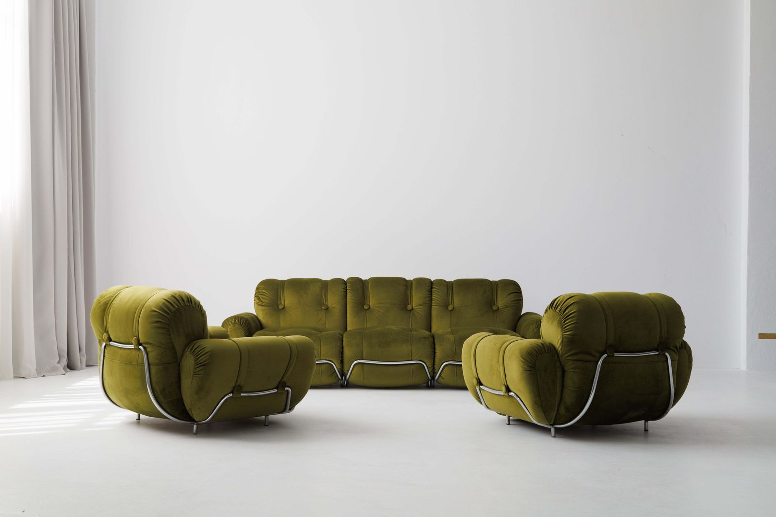 Three Seater Sofa And Armchairs Dining Set By Adriano Piazzesi, Reupholstered Olive Velvet photo vintage