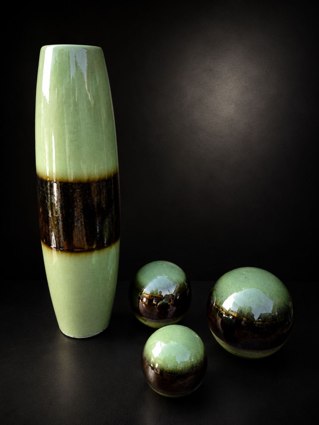 Large Modernist Ceramic Vase & Decorative Ball Set Green Brown Glaze photo furniture