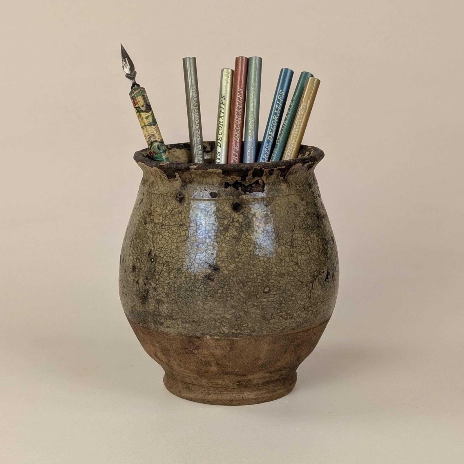 Home Decor Antique French Confit Pot, Small Glazed Stoneware Crock, Rustic Earthenware Vessel, Crackled Patina Farmhouse Jar, Antique Desk Accessory photo