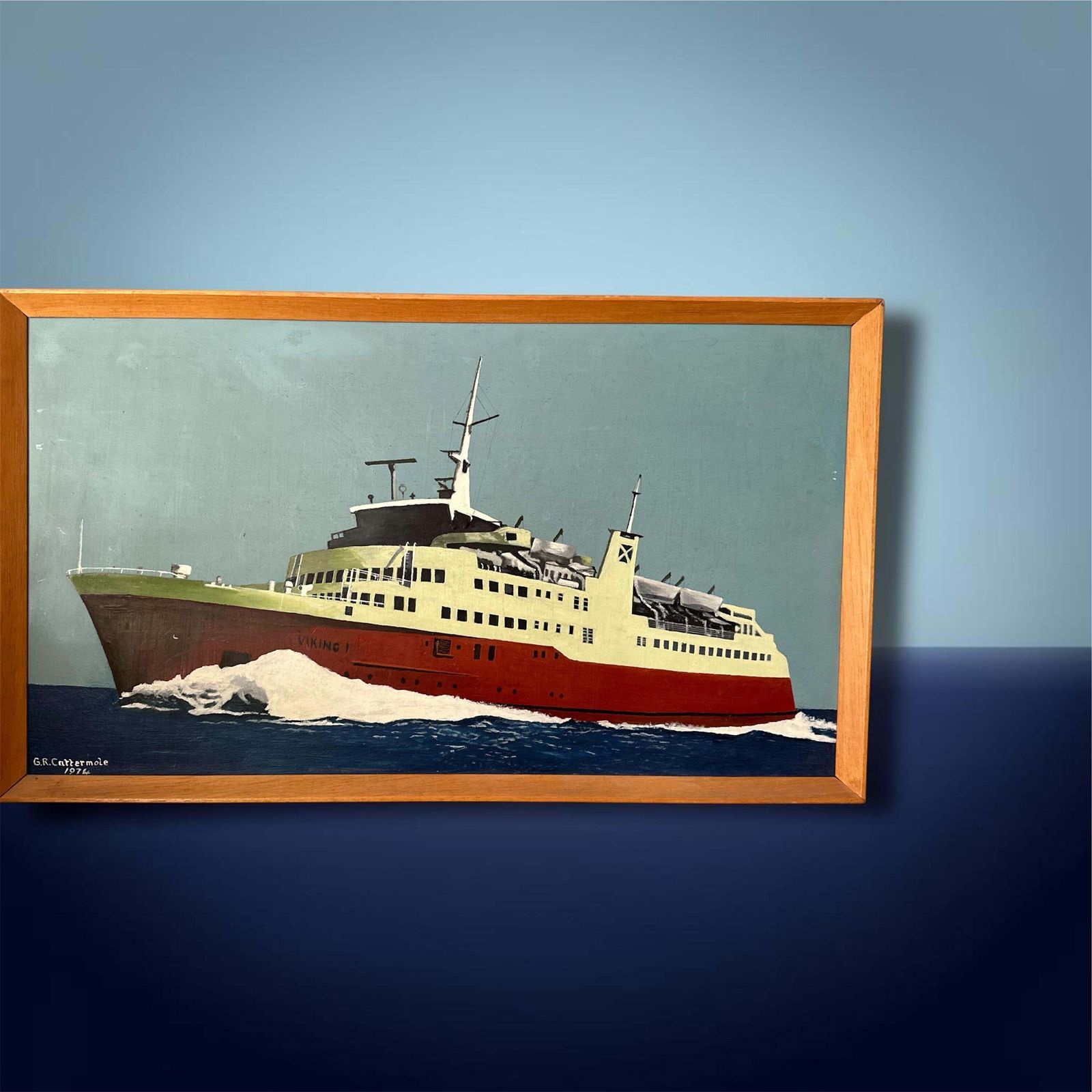 Maritime Modernist Oil, Ms Viking I By G.R. Cattermole, 1976 — Thoresen Cross Channel Ferry photo for sale