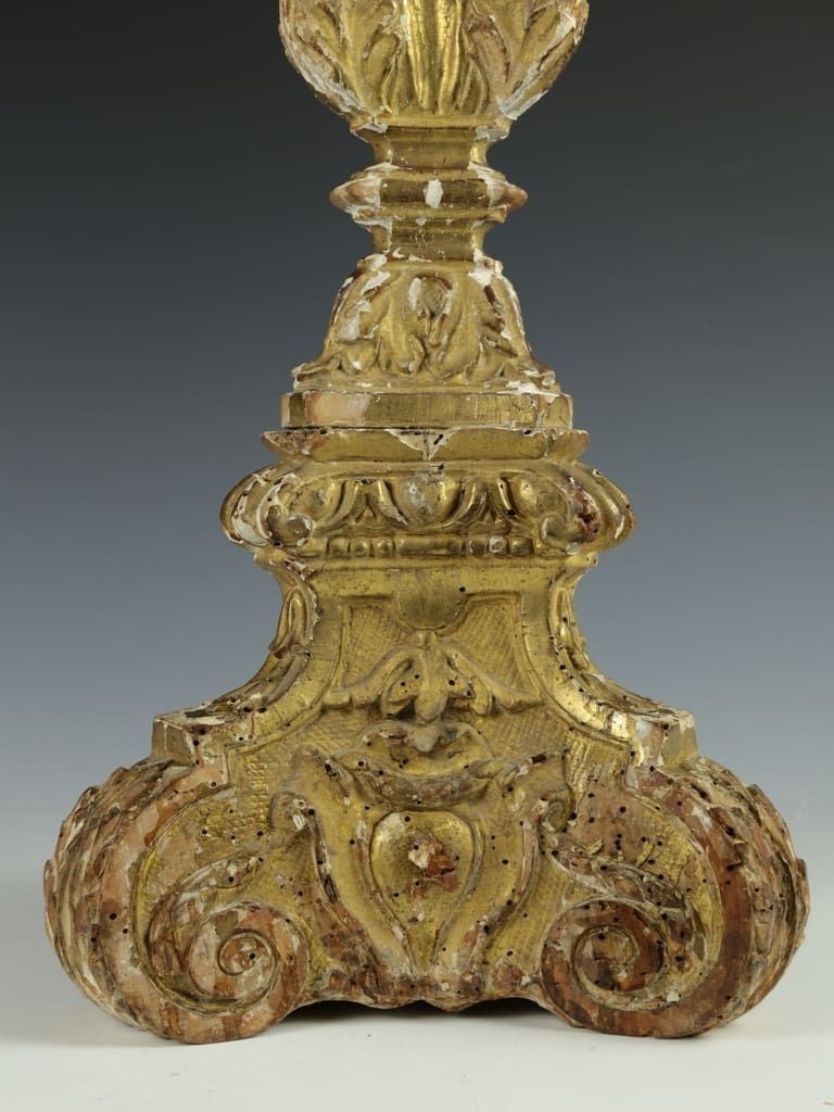 photo vinterior Antique Italian Altar Candlestick – Hand Carved Wood With Gilt And Gesso