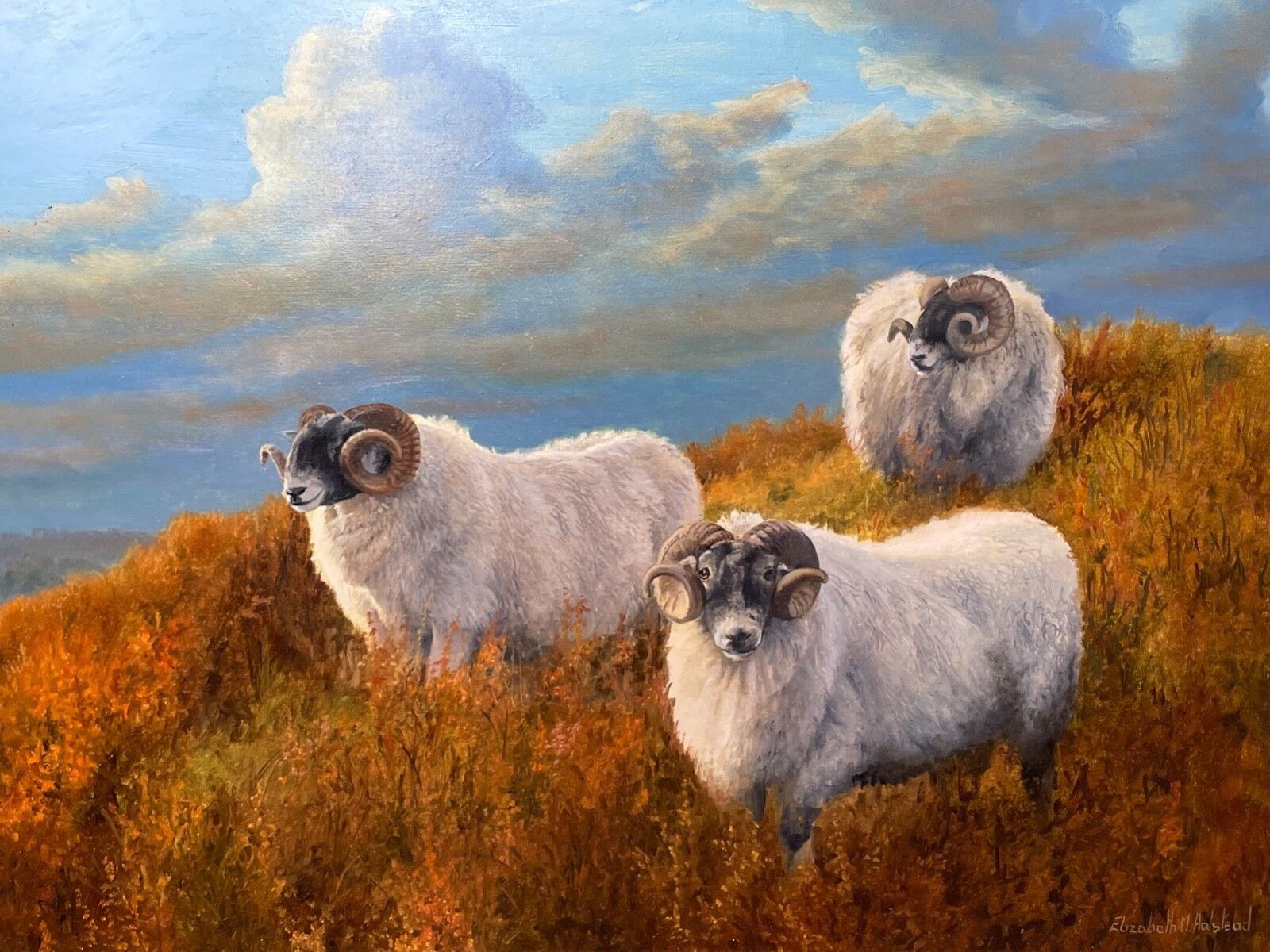 Brits olieverfchilderij met schapen in Schots Highlandslandschap, gesigneerd door Elizabeth Halstead photo furniture