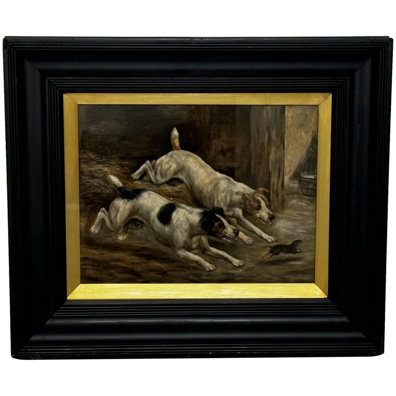19e-eeuws jachtschilderij in olieverf, twee Jack Russell Terrier honden die een rat achtervolgen in een schuur, gesigneerd door Edward Aistrop