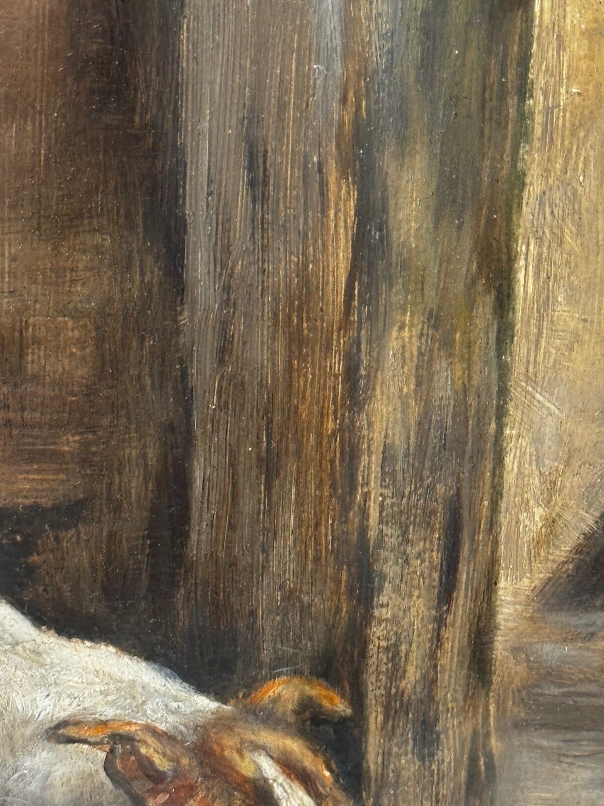 3500.0 19e-eeuws jachtschilderij in olieverf, twee Jack Russell Terrier honden die een rat achtervolgen in een schuur, gesigneerd door Edward Aistrop photo