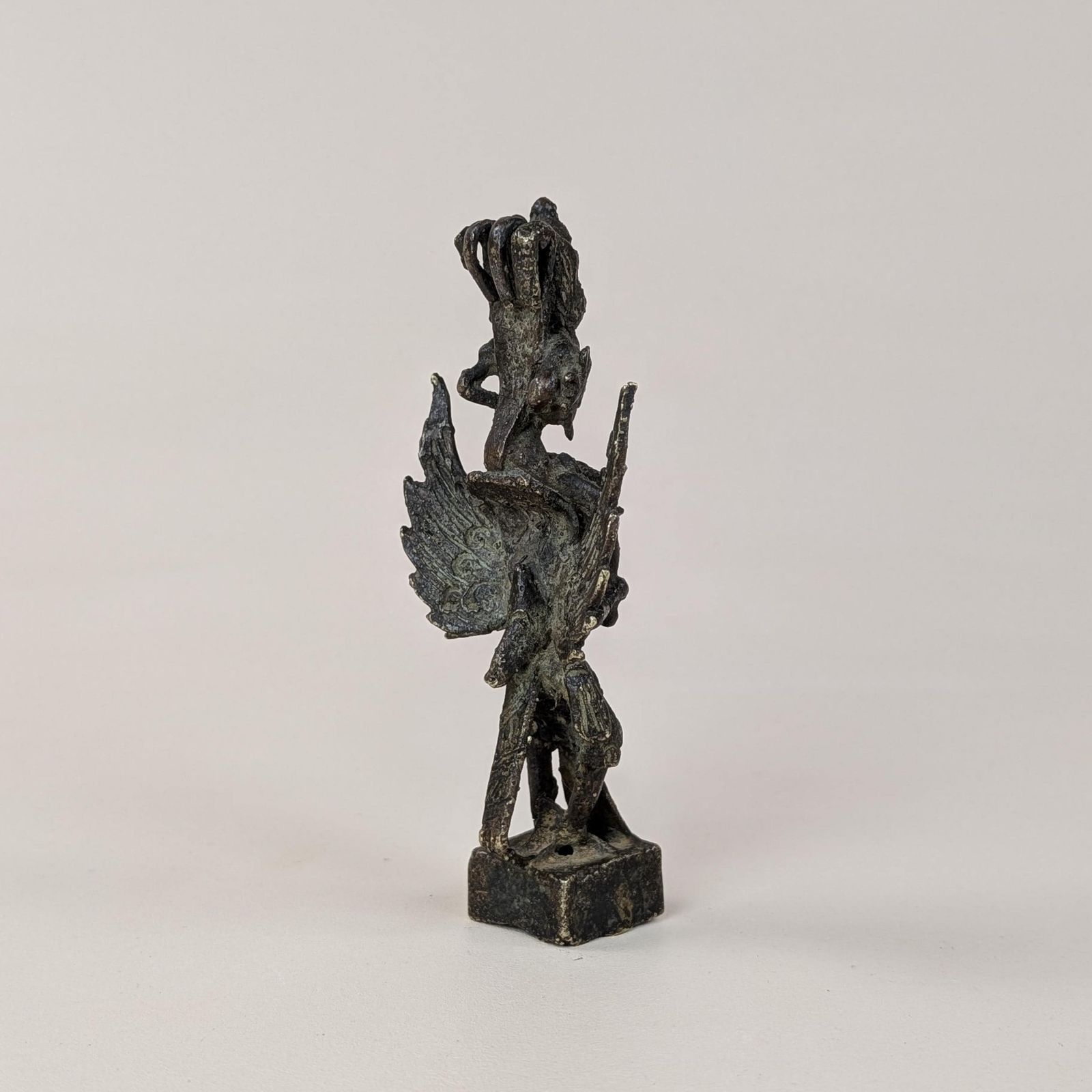 Vishnu Garuda Bronze Figurine, Antique Javanese Pole Finial, Sacred Hindu Deity Mount On Hollow Square Base, Dark Patina Asian Altar Decor photo furniture