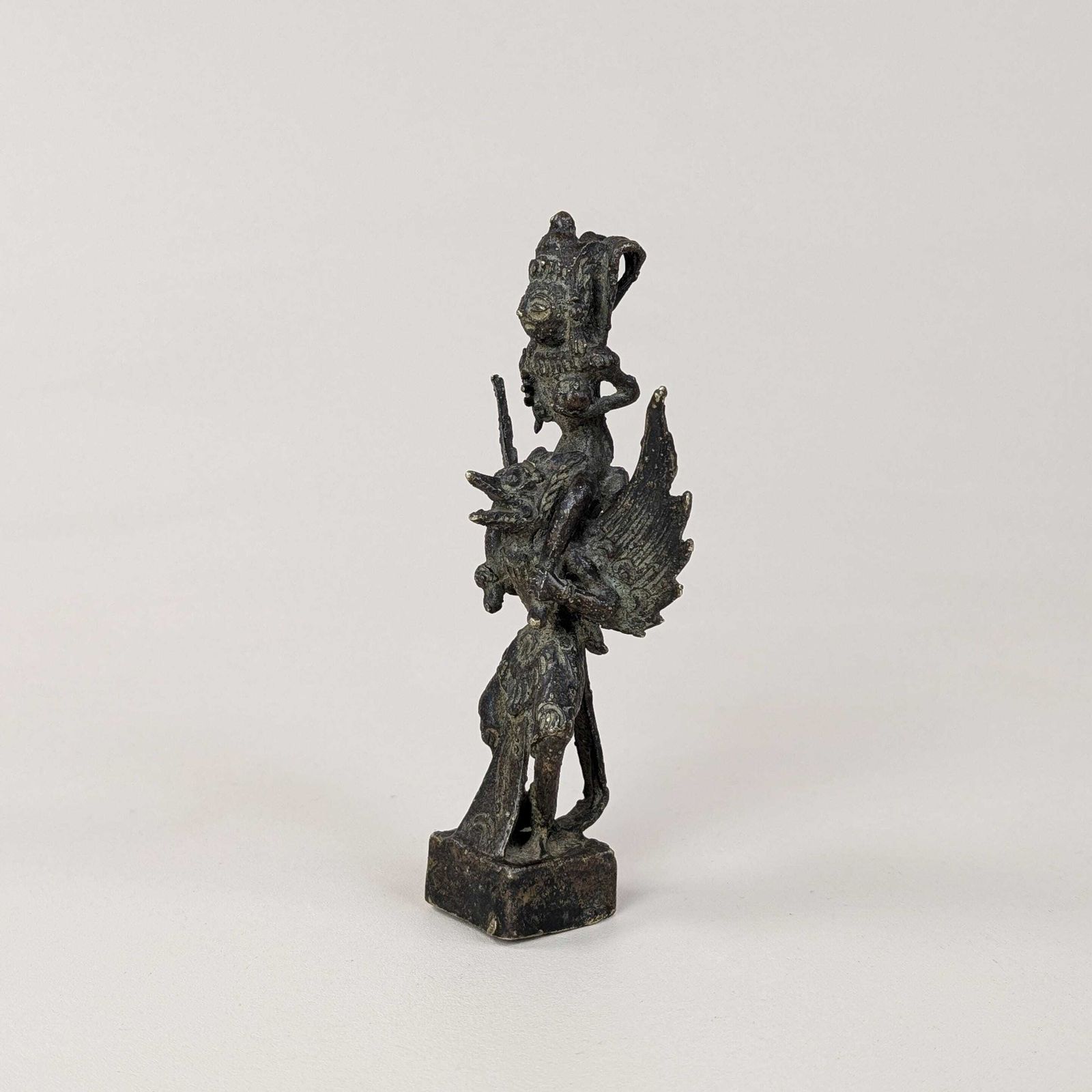 Vishnu Garuda Bronze Figurine, Antique Javanese Pole Finial, Sacred Hindu Deity Mount On Hollow Square Base, Dark Patina Asian Altar Decor photo vinterior