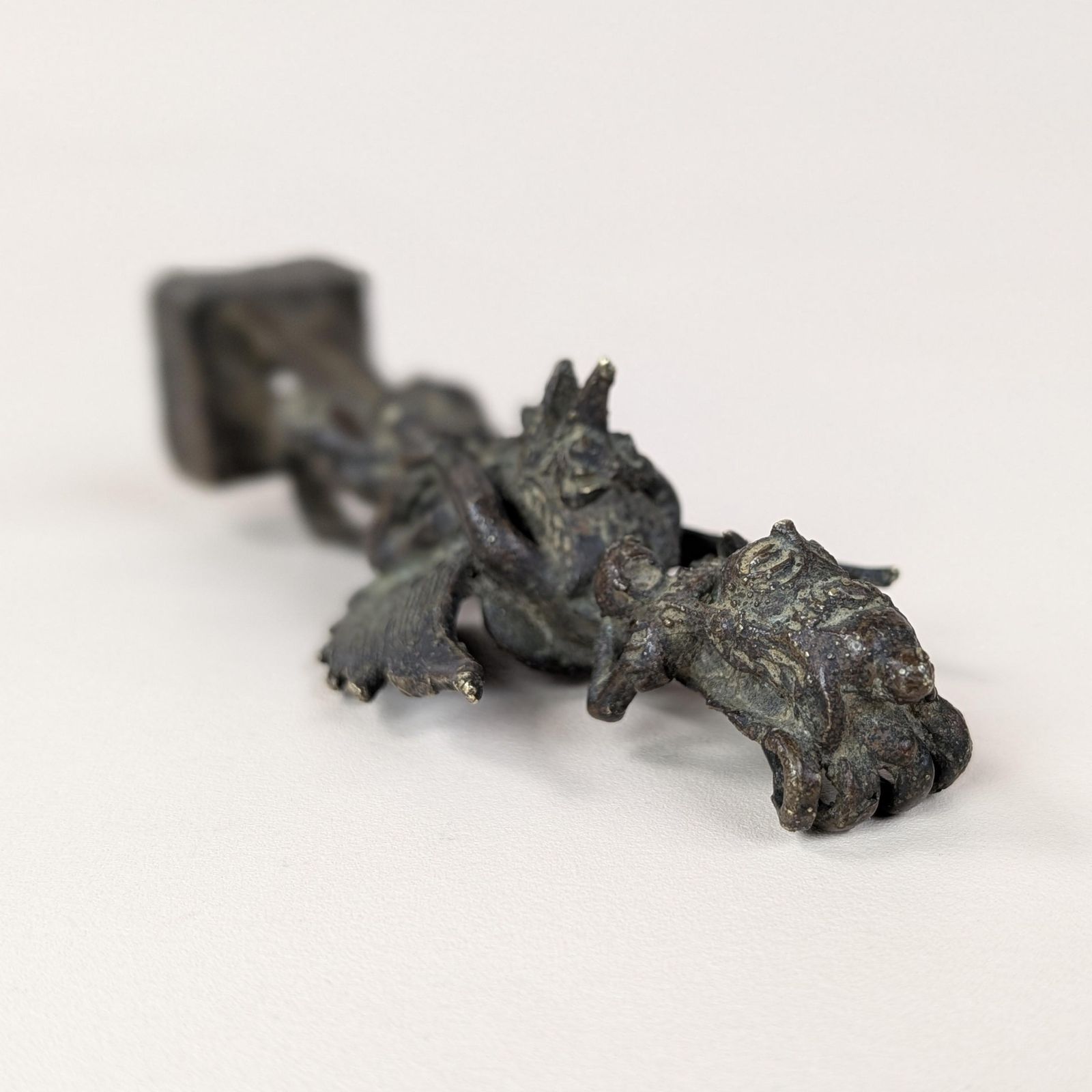 Vishnu Garuda Bronze Figurine, Antique Javanese Pole Finial, Sacred Hindu Deity Mount On Hollow Square Base, Dark Patina Asian Altar Decor photo vintage