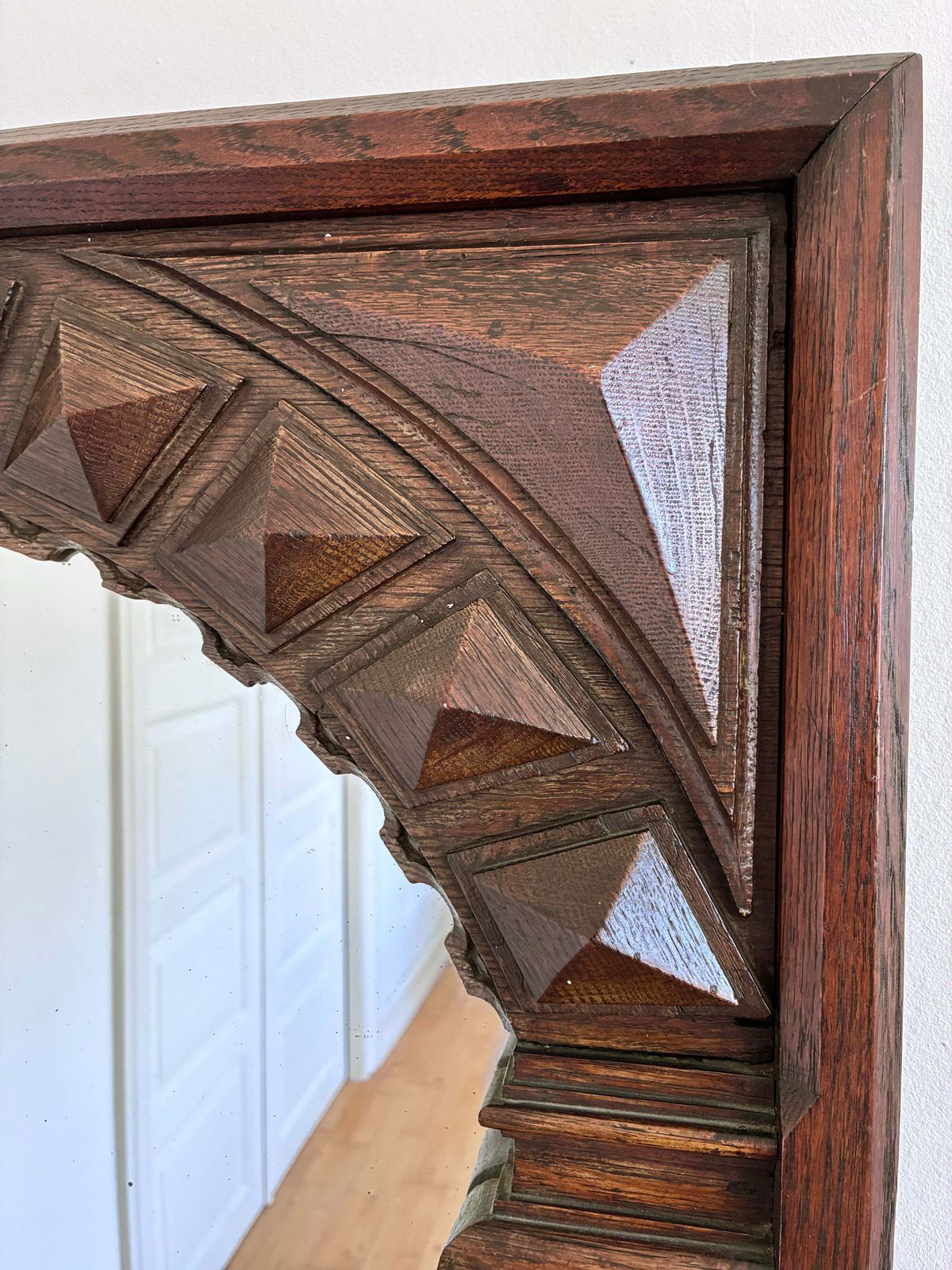 Antique Spanish Revival Oak Wall Mirror With Geometric Carving photo vinterior