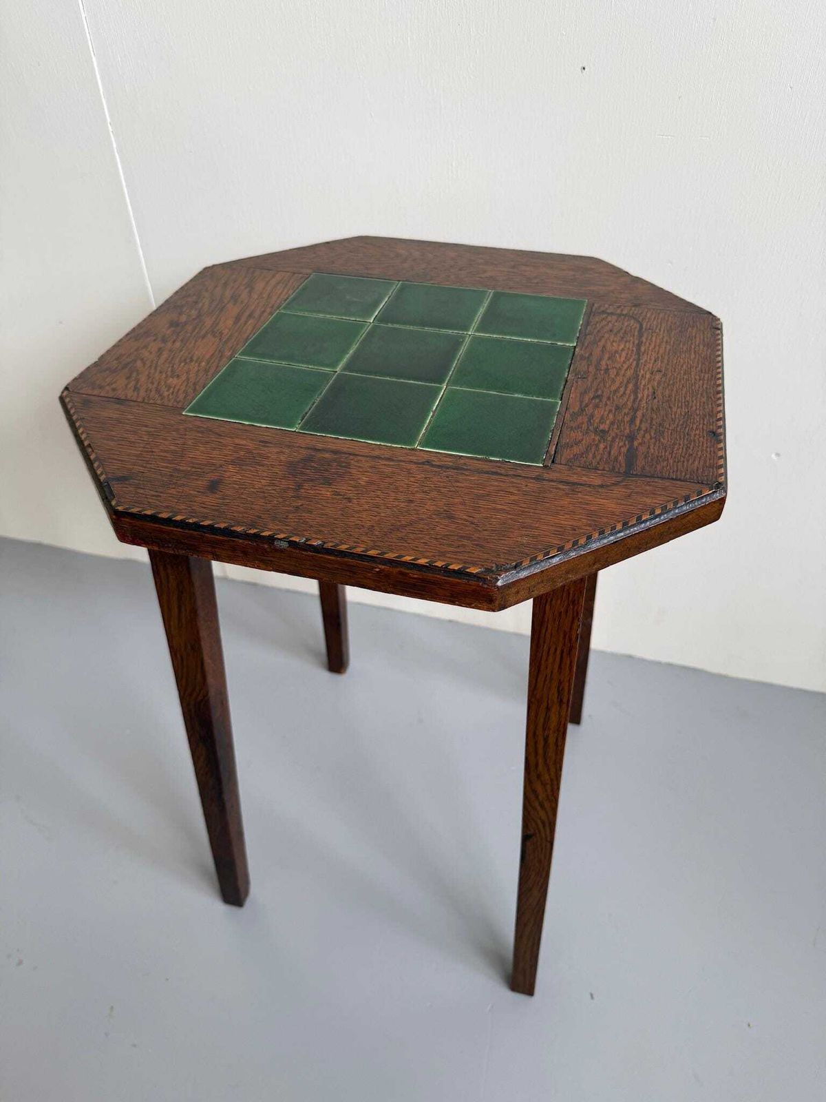 Antique Side Table With Green Tiled Top, Chevron Inlays And Tapered Legs photo 175.0