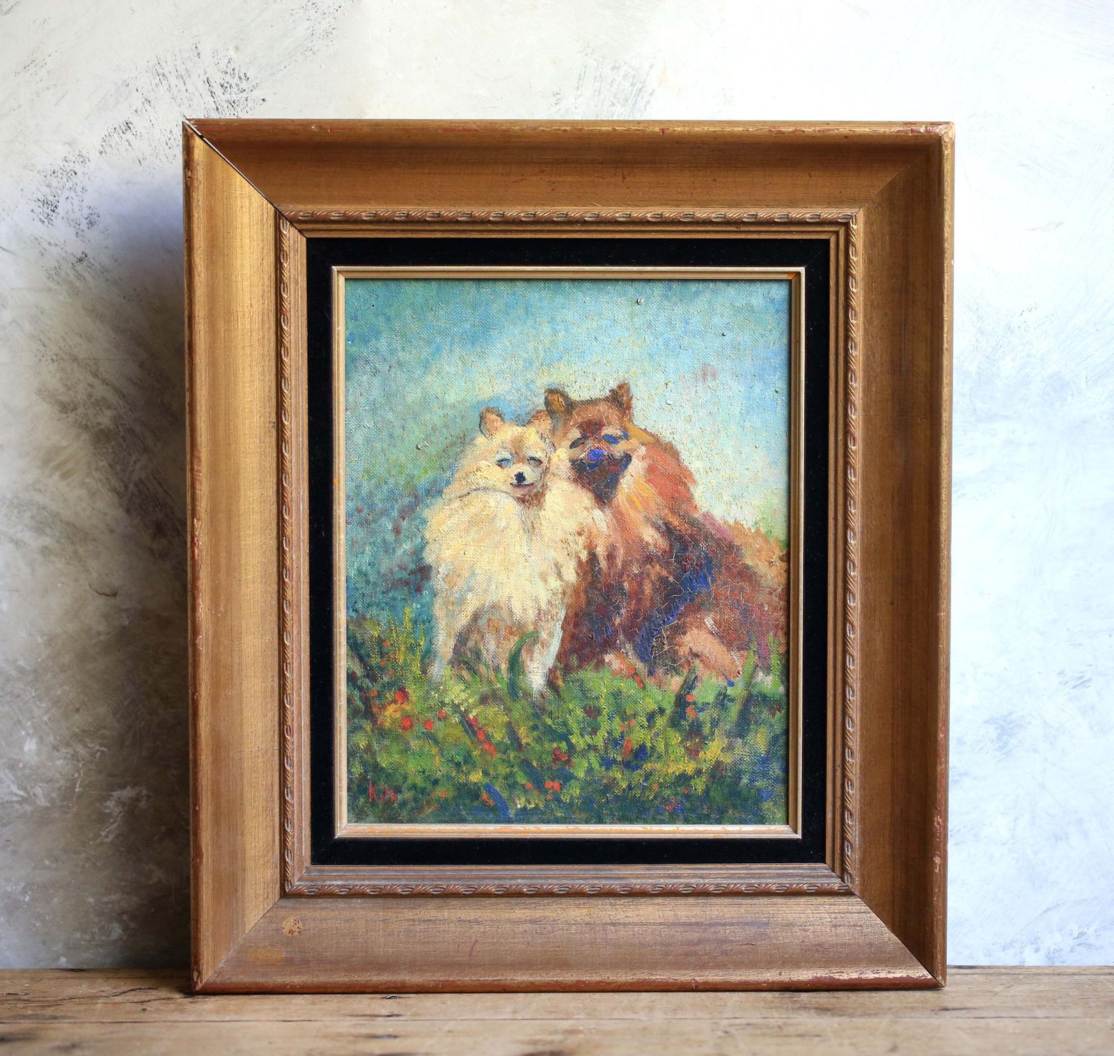 Original Pomeranian Oil Painting Framed Dogs Wall Art Signed Kita