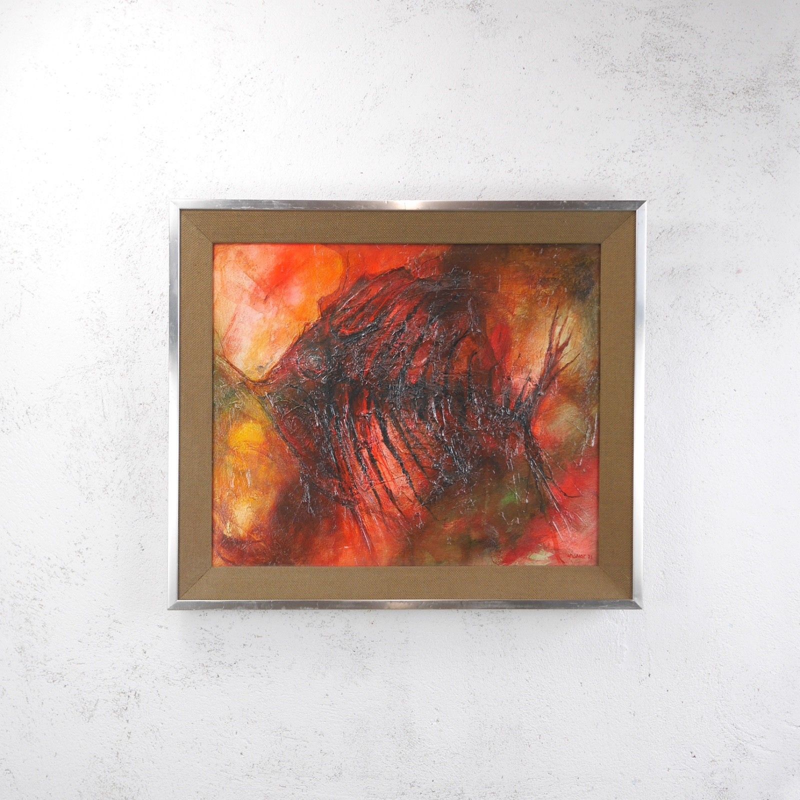 Vintage Mid Century Abstract Fish Reds Oil Painting Art Framed Hessian #103198 photo for sale