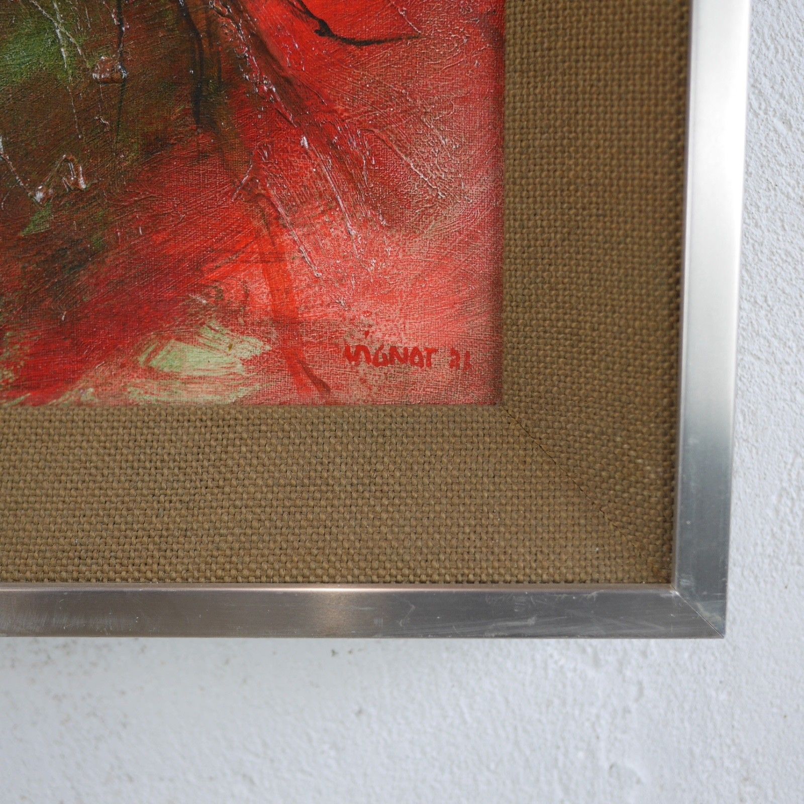 Vintage Mid Century Abstract Fish Reds Oil Painting Art Framed Hessian #103198 photo buy