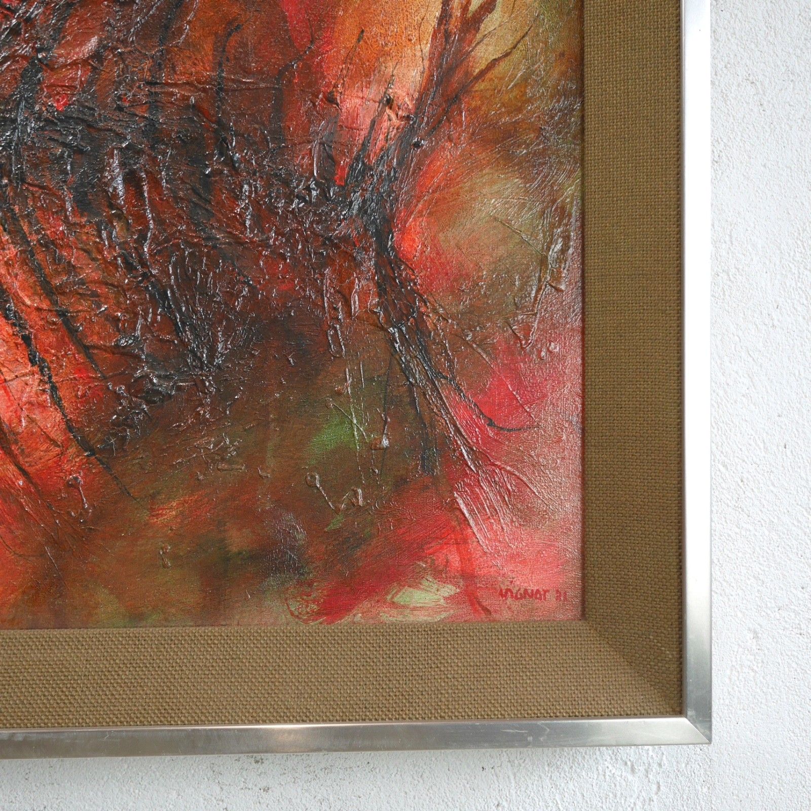 photo buy Vintage Mid Century Abstract Fish Reds Oil Painting Art Framed Hessian #103198