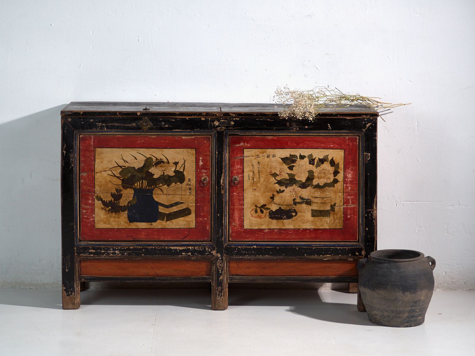 Furniture Antique Lacquered Sideboard With Painted Lotus Motifs – China, Circa 1920 photo