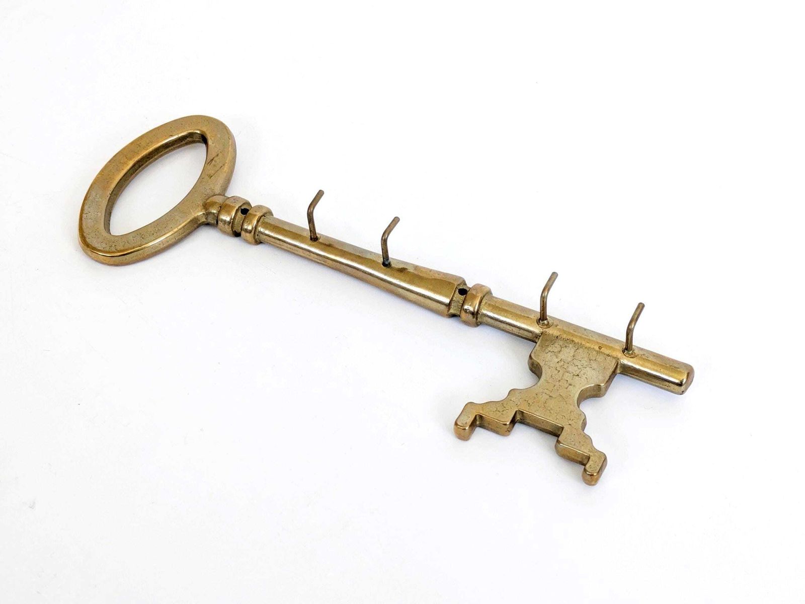 Vintage Brass Key Holder Large Wall Rack 4 Hooks Midcentury Entryway Decor