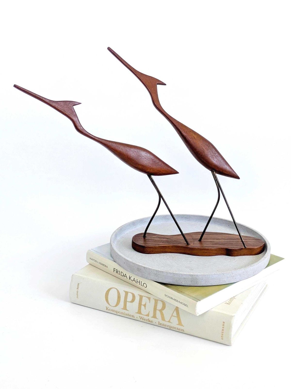 Midcentury Teak Crane Sculptures Danish Modernist Wood Birds On Stand Decor 1960