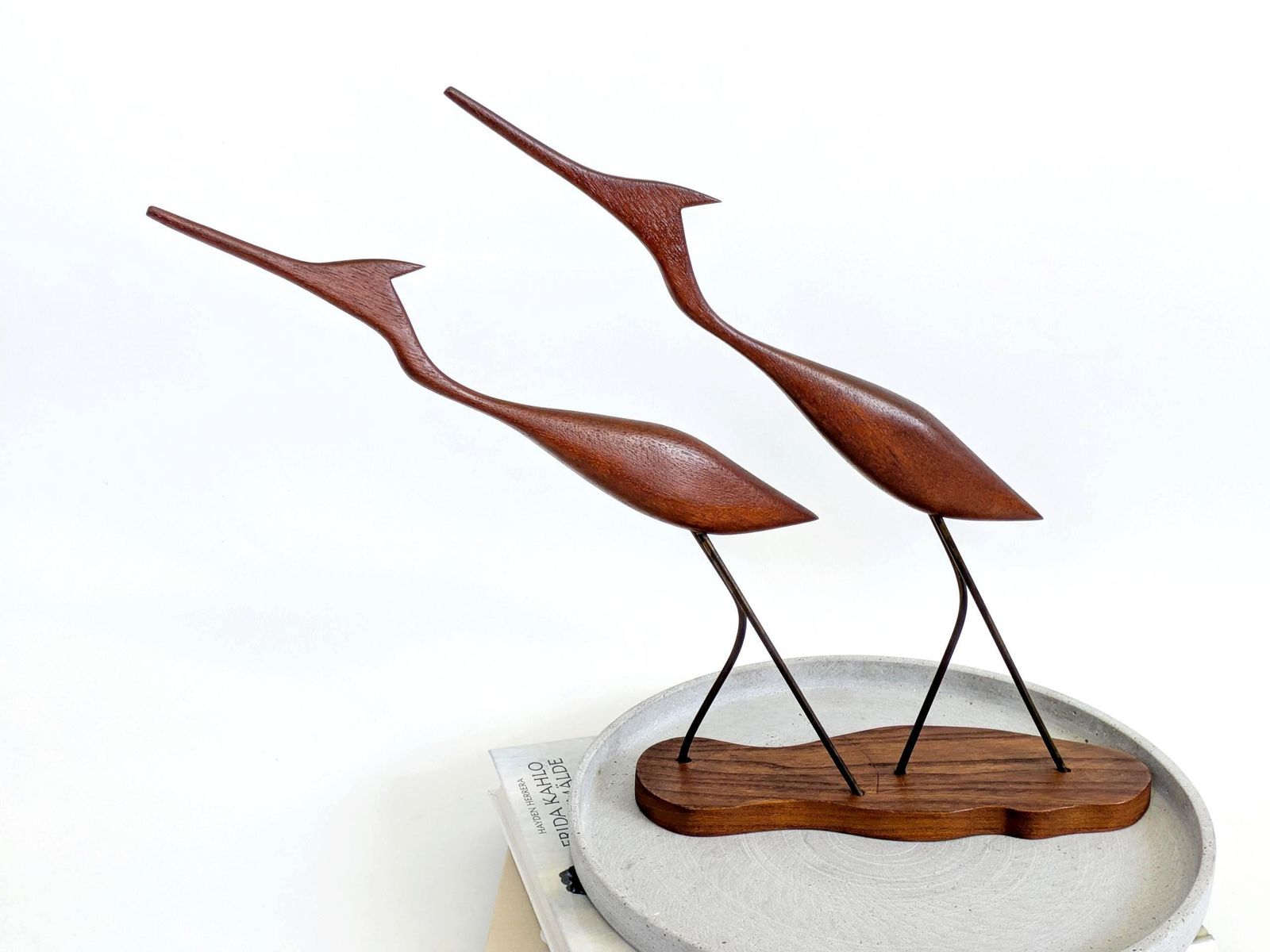 Midcentury Teak Crane Sculptures Danish Modernist Wood Birds On Stand Decor 1960 photo furniture