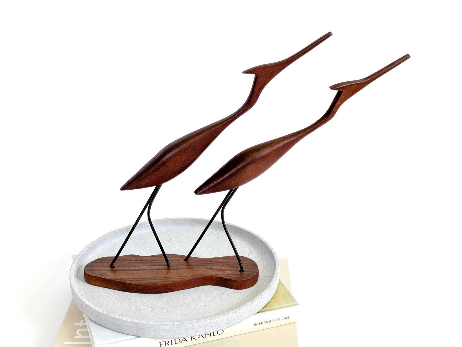 Midcentury Teak Crane Sculptures Danish Modernist Wood Birds On Stand Decor 1960 photo for sale