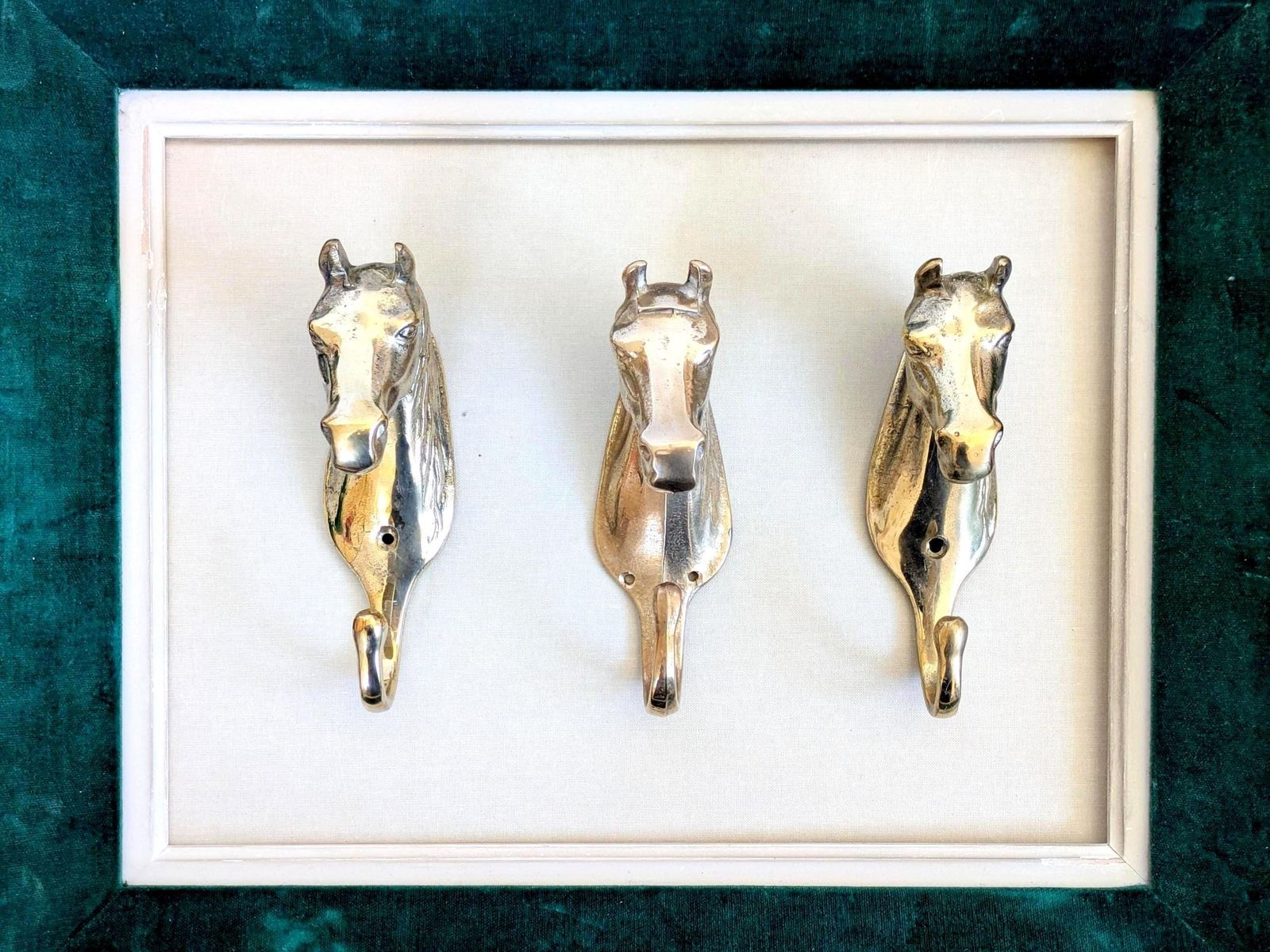 Set Of 3 Vintage Brass Horse Head Wall Hooks Equestrian Heritage Accent photo for sale