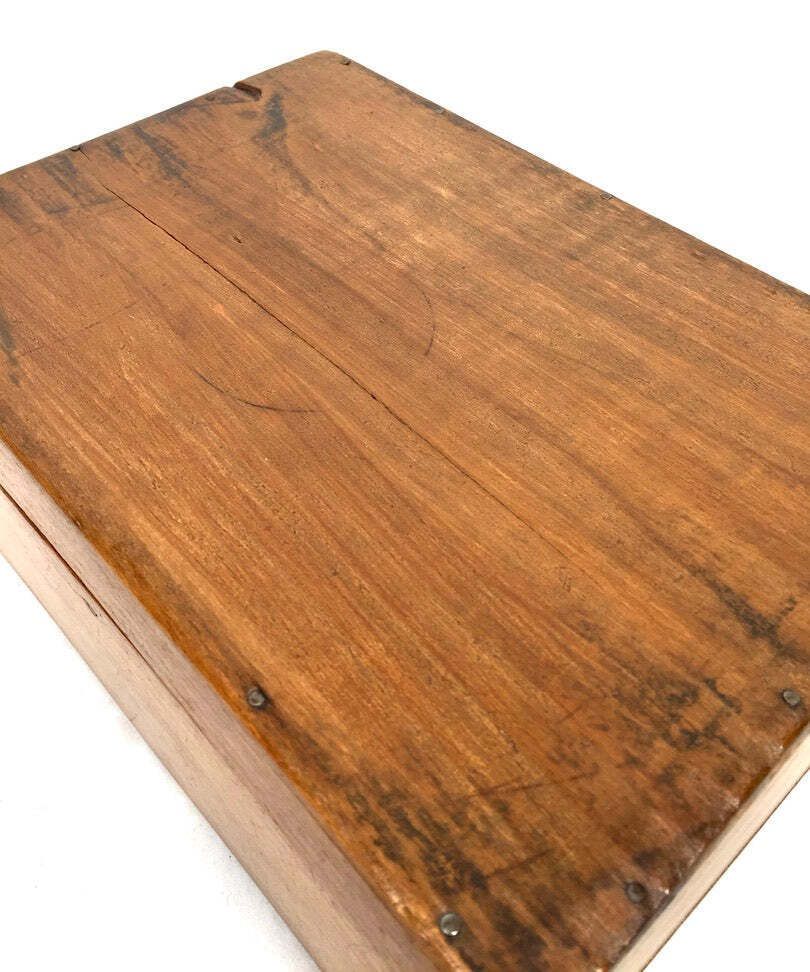 Antique Wood Storage Box With Haberdashery Sewing Collectable Items 20th Century photo for sale