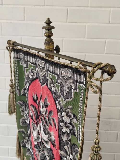 325.0 Antique Victorian Country House Velvet Needlework Fireside Brass Pole Screen photo