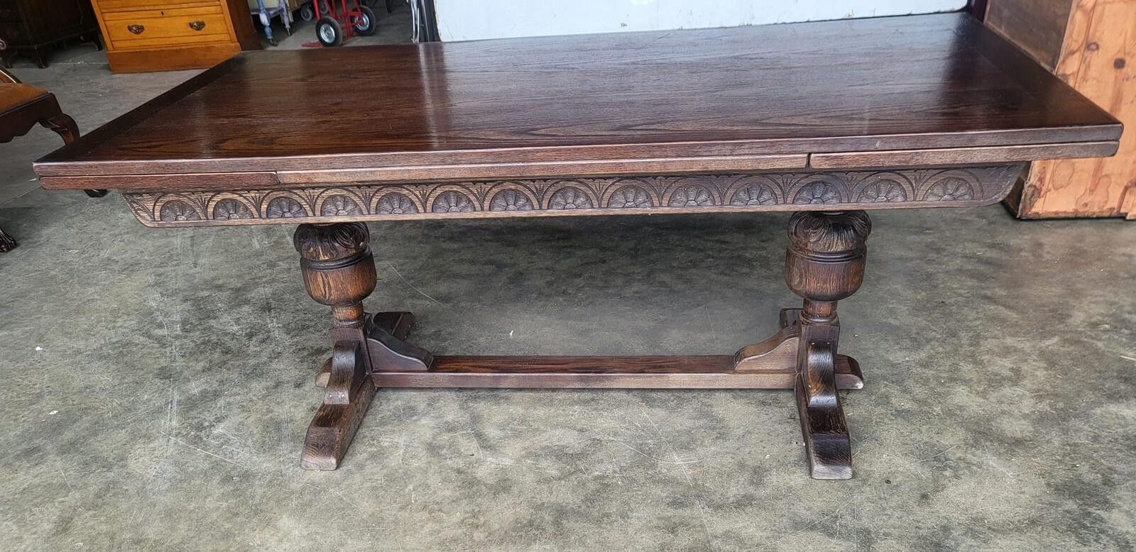 Vintage Dark Oak Large Extending Pedestal Dining Table Seat 12 photo Furniture
