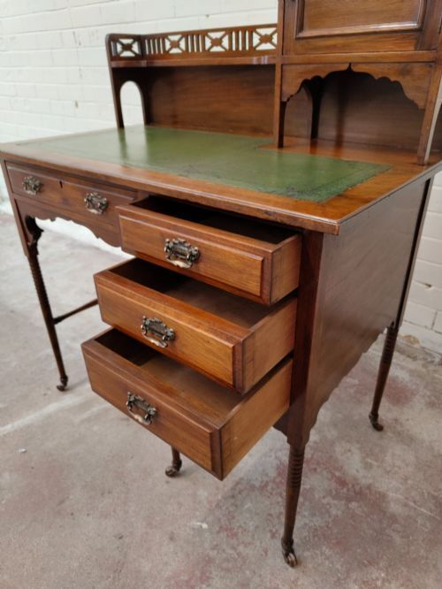 Antique Edwardian Mahogany Inlaid & Leather Ladies Writing Desk photo vintage