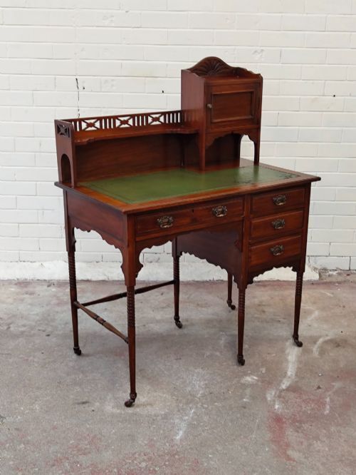 photo furniture Antique Edwardian Mahogany Inlaid & Leather Ladies Writing Desk