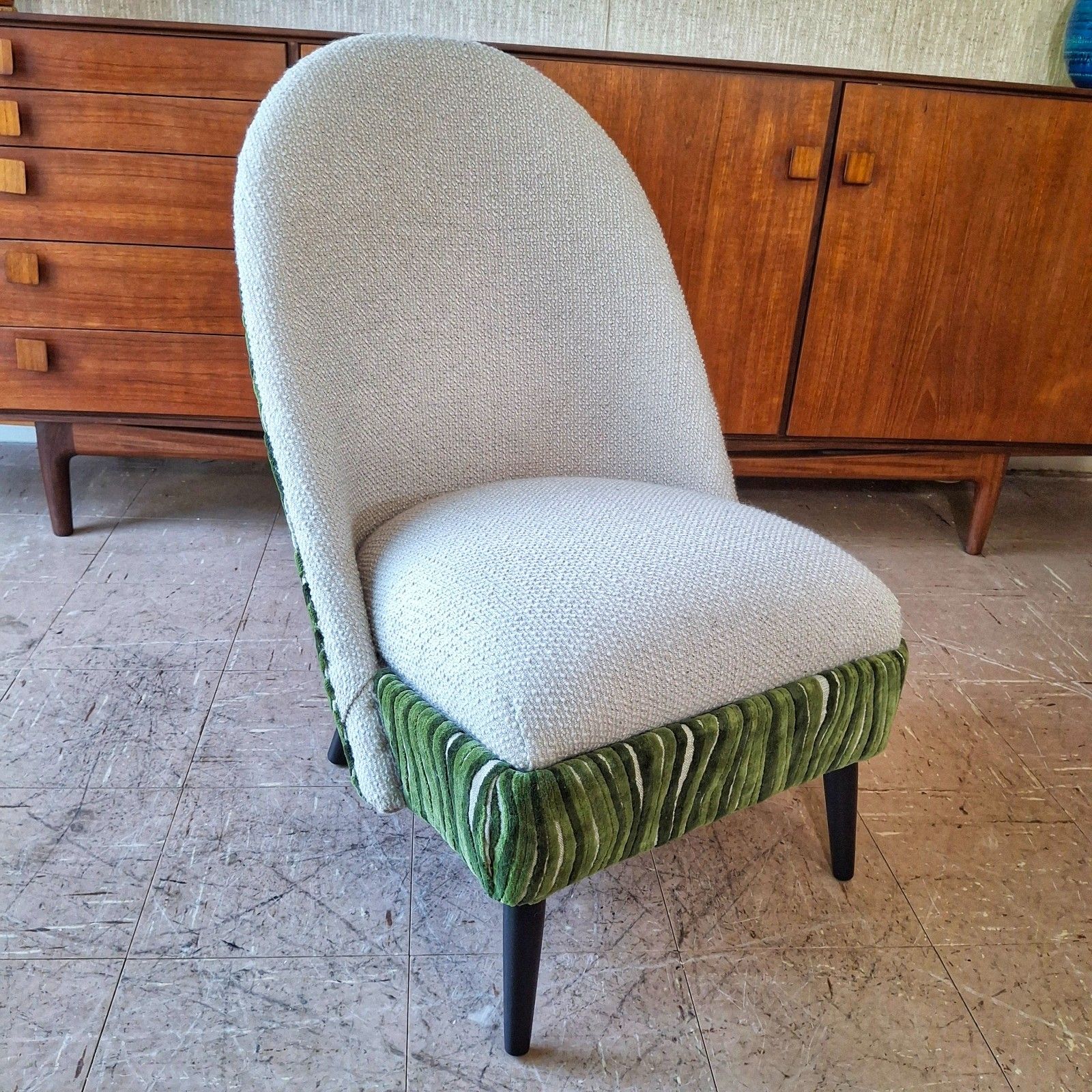 Fab Vintage Reworked Lloyd Loom Chair Stone Boucle & Green H Holland Cut Velvet