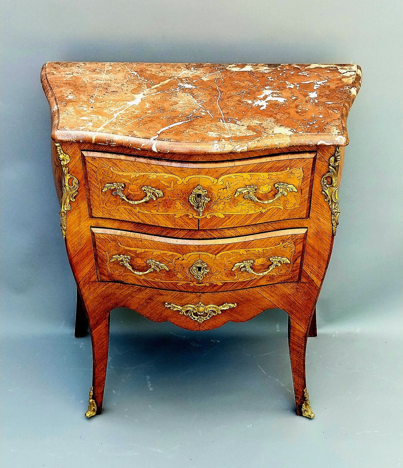 Small Antique French Inlaid Bombe Shaped Chest Of Drawers Marble Top photo furniture