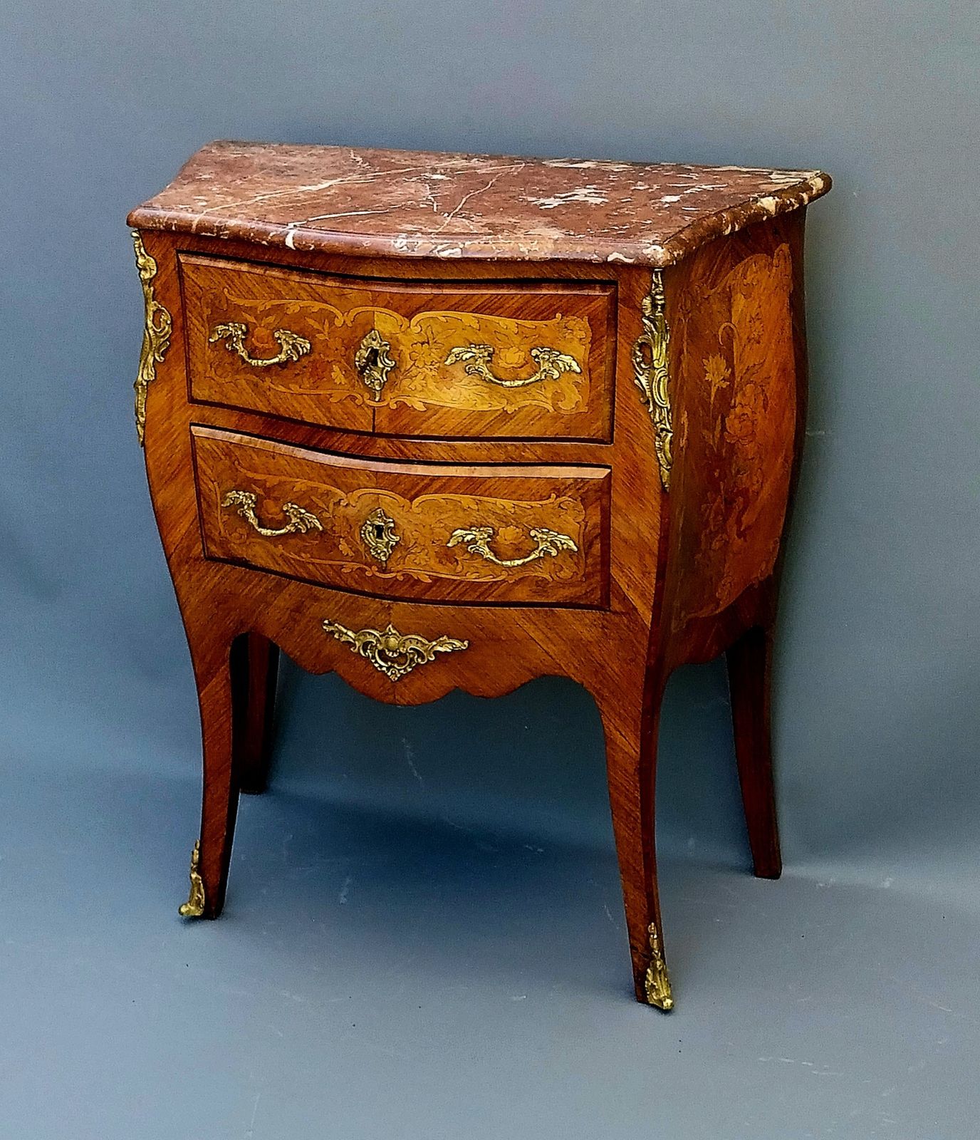 Small Antique French Inlaid Bombe Shaped Chest Of Drawers Marble Top