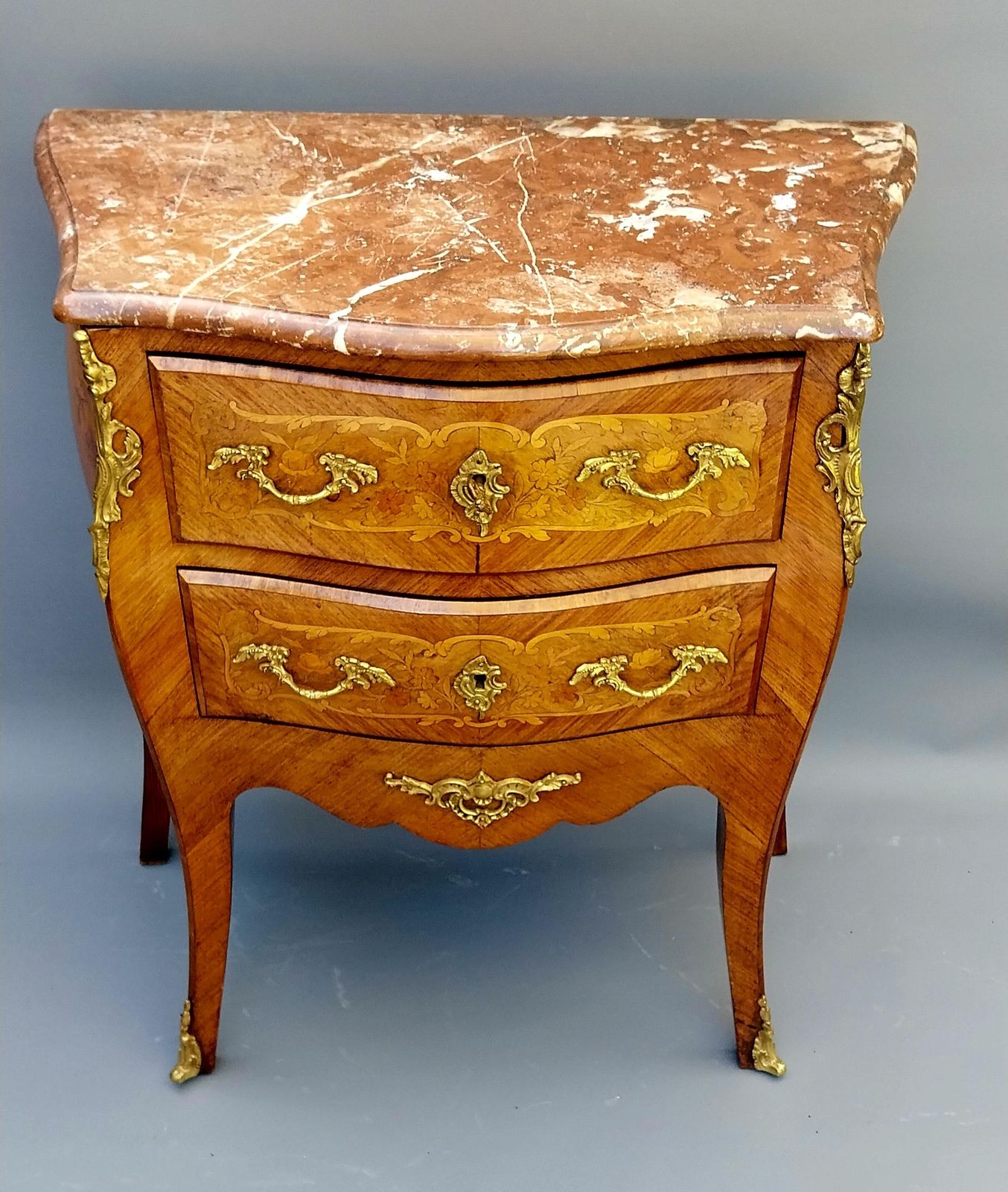 Small Antique French Inlaid Bombe Shaped Chest Of Drawers Marble Top photo vinterior