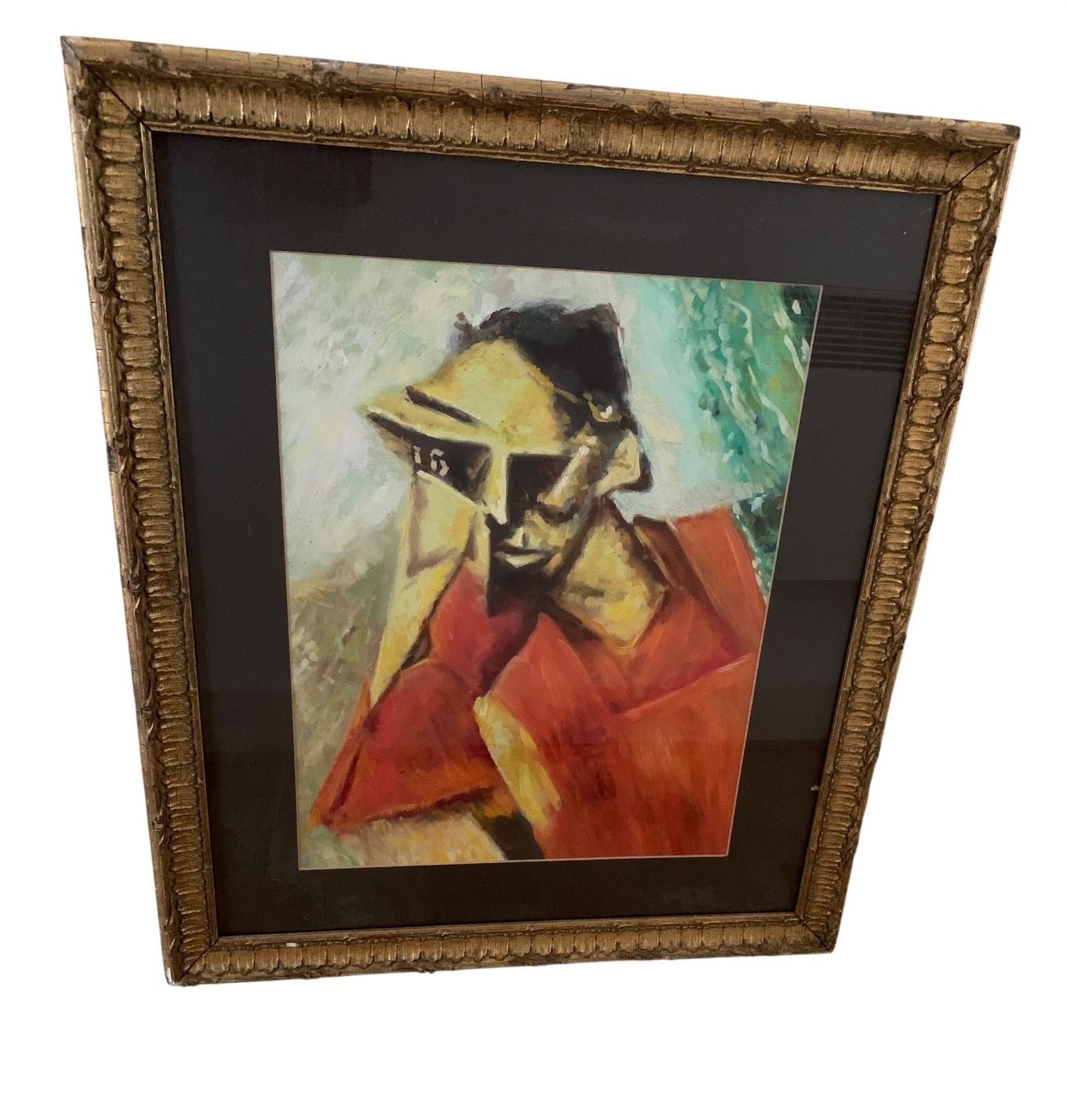 450.0 Antique Cubist Oil Painting Portrait After Lyonel Feininger Expressionist, Gilt photo
