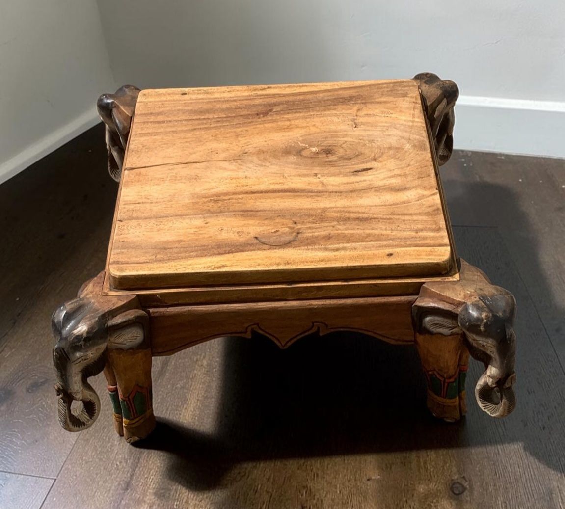 Vintage Indian Carved Elephant Coffee Table Low Stool Plant Stand Wooden photo buy
