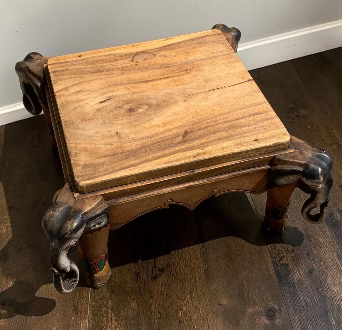 Furniture Vintage Indian Carved Elephant Coffee Table Low Stool Plant Stand Wooden photo