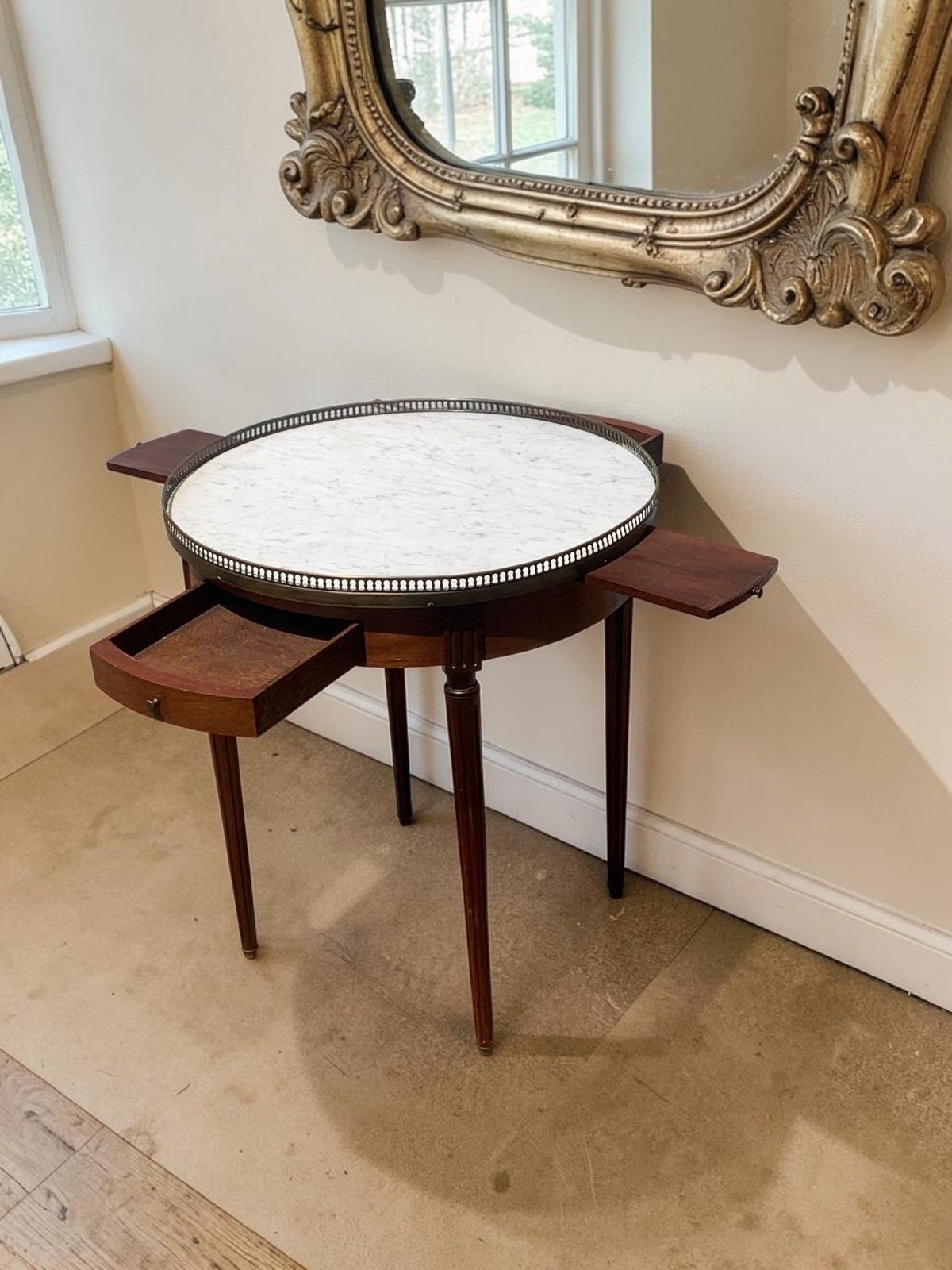 French Louis XVI Mahogany Bouillotte Table Marble Top 2 Drawers 2 Slides C1890 photo vinterior