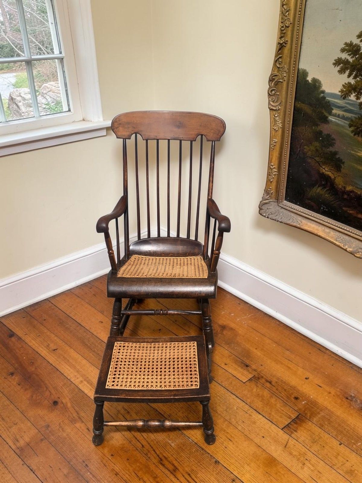 photo vintage Antique Boston Rocker Chair & Matching Footstool C.1880 Victorian Windsor Cane