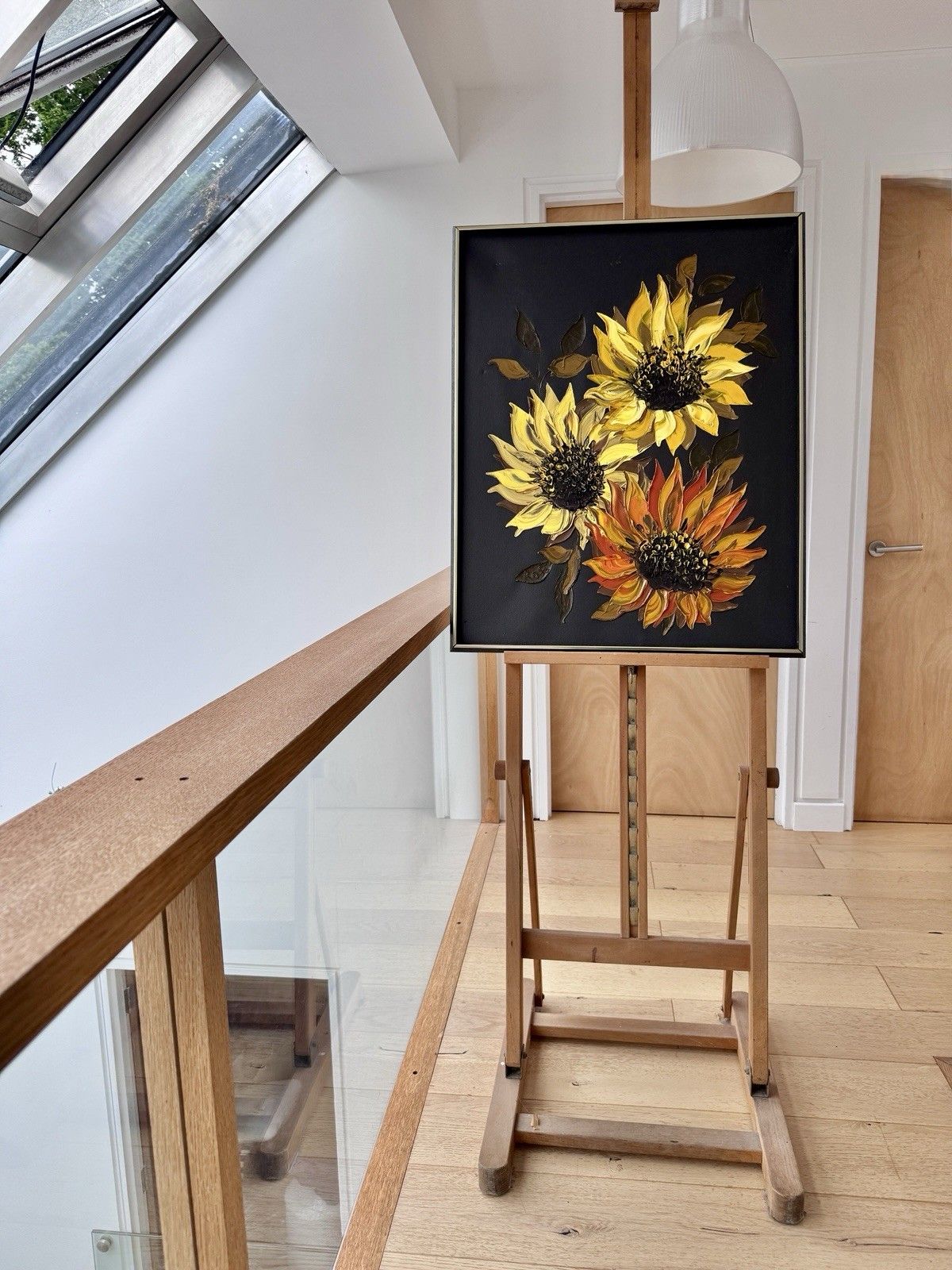 Late 20th Century Impasto Oil Painting Of Sunflowers, Signed Ross photo furniture