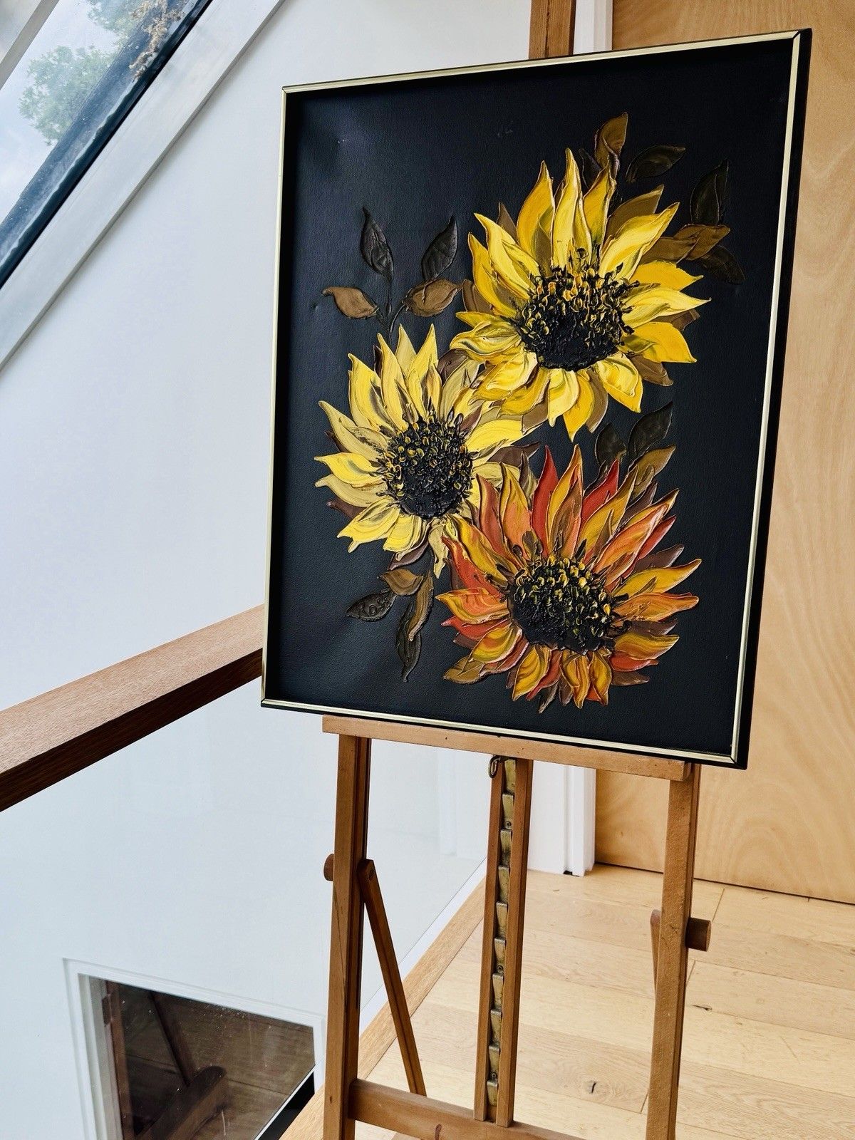 photo for sale Late 20th Century Impasto Oil Painting Of Sunflowers, Signed Ross