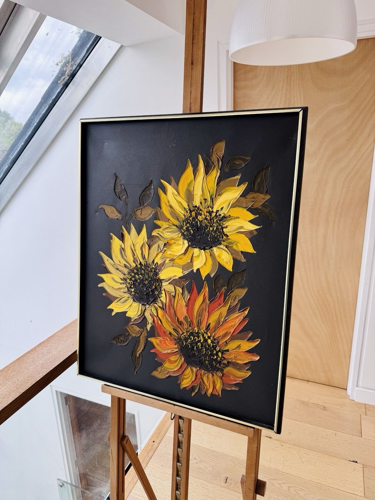Art Late 20th Century Impasto Oil Painting Of Sunflowers, Signed Ross photo