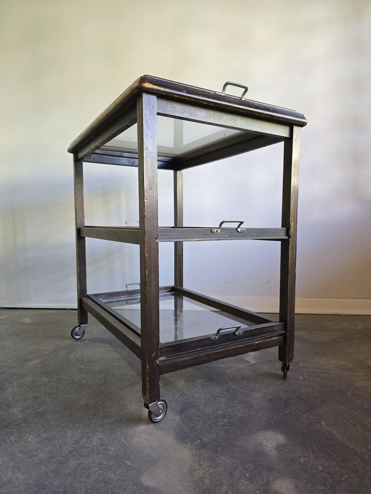 30s Art Deco Bar Cart / Serving Trolley With Removable Glass Trays
