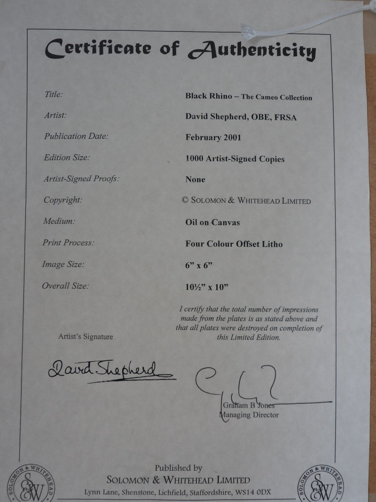David Shepherd Signed Limited Edition 442/1000 Print = Black Rhino    The Cameo Collection photo 125.0