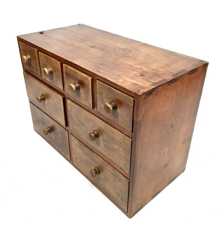 photo for sale Antique Wooden Large Pine Tabletop Apothecary / Seed Merchant Drawers / Cabinet
