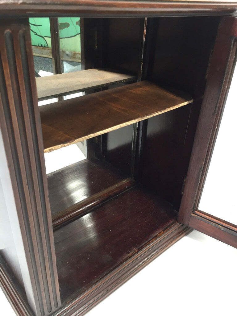 Antique Wooden & Glass Fronted Tabletop / Wall Storage Cabinet Shelf With Key photo vintage
