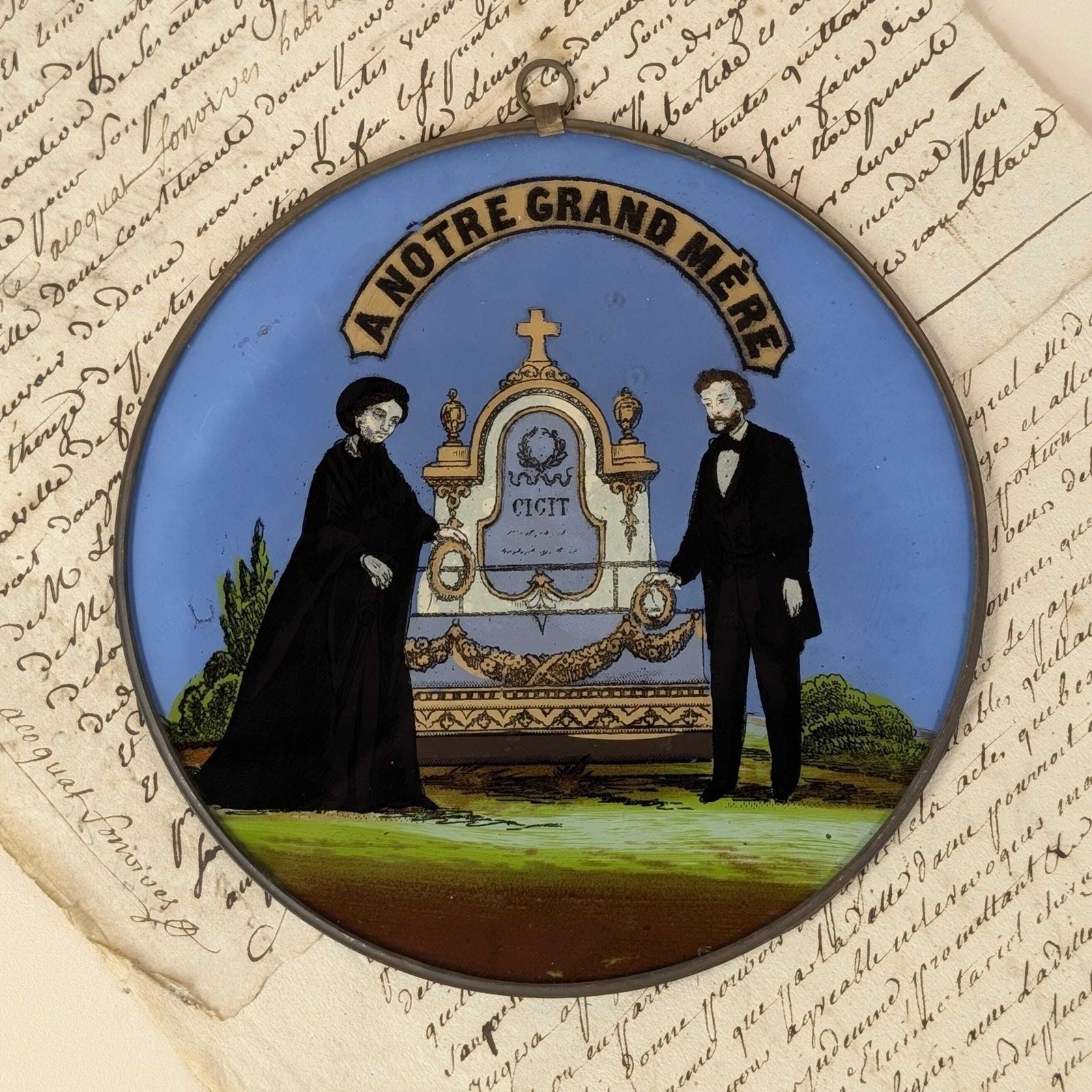 Antique Painted Glass Mourning Plaque, French Memorial Art Grand Mere 19th Century Macabre Decor Victorian Tomb Scene photo buy