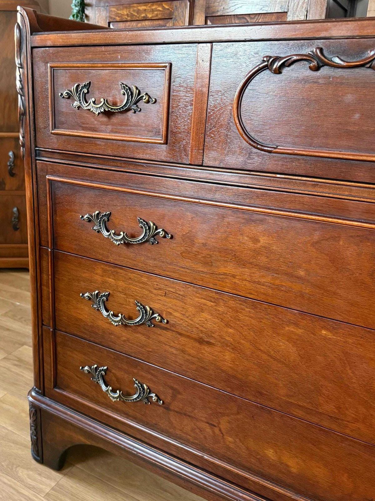 695.0 French Mahogany Chest Of Drawers – Large Vintage Statement Chest With Brass Handles photo